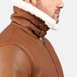 Men’s Brown & White Sheepskin Leather Bomber Jacket – Fur Lined, Buckled Collar