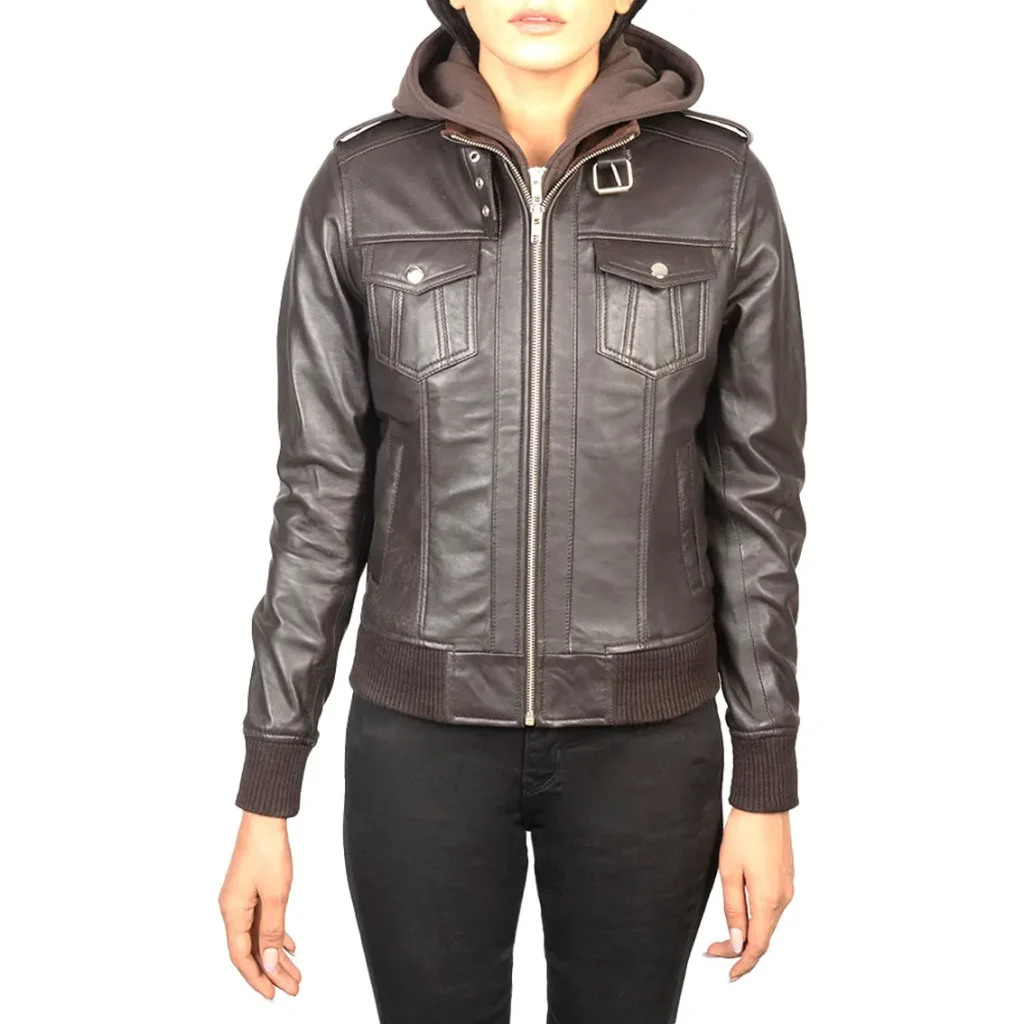 Women’s Brown Leather Bomber Jacket with Removable Hood, Shoulder Epaulettes & Zip Closure