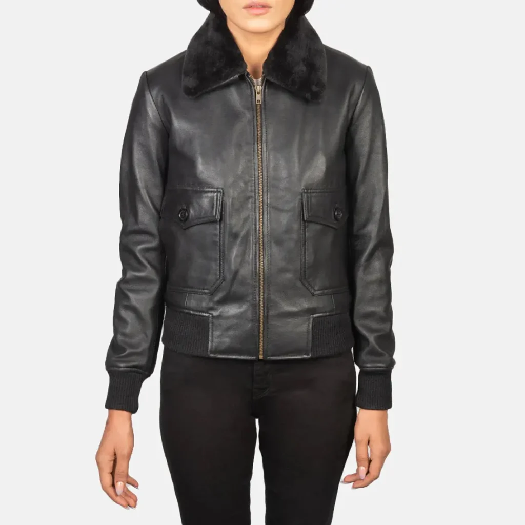Girls’ Genuine Real Sheepskin Black Leather Bomber Jacket with Removable Collar