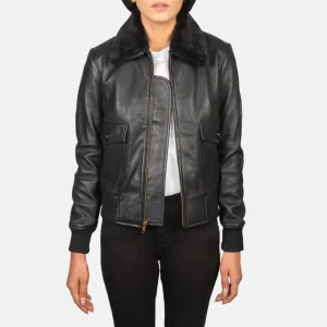 Girls’ Genuine Real Sheepskin Black Leather Bomber Jacket with Removable Collar
