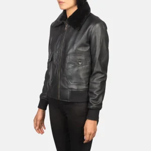 Girls’ Genuine Real Sheepskin Black Leather Bomber Jacket with Removable Collar