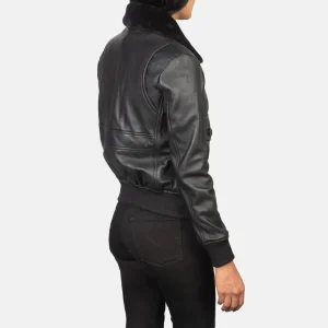 Girls’ Genuine Real Sheepskin Black Leather Bomber Jacket with Removable Collar