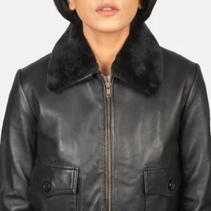 Girls’ Genuine Real Sheepskin Black Leather Bomber Jacket with Removable Collar