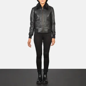 Girls’ Genuine Real Sheepskin Black Leather Bomber Jacket with Removable Collar