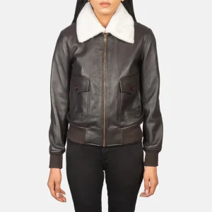 Girls’ Genuine Real Sheepskin Brown Leather Bomber Jacket with Removable Collar