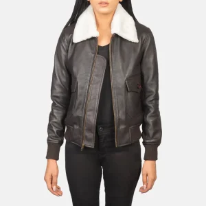 Girls’ Genuine Real Sheepskin Brown Leather Bomber Jacket with Removable Collar