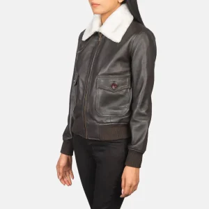 Girls’ Genuine Real Sheepskin Brown Leather Bomber Jacket with Removable Collar