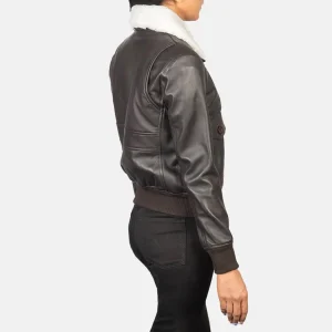 Girls’ Genuine Real Sheepskin Brown Leather Bomber Jacket with Removable Collar