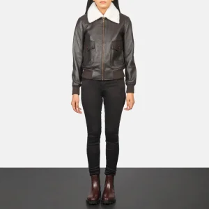 Girls’ Genuine Real Sheepskin Brown Leather Bomber Jacket with Removable Collar