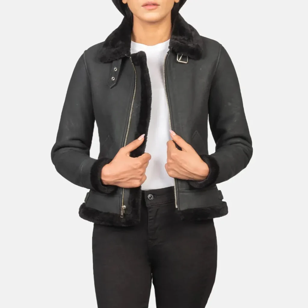 Women’s Black Shearling Leather Bomber Jacket – Stylish Fur Lined Buckled Collar