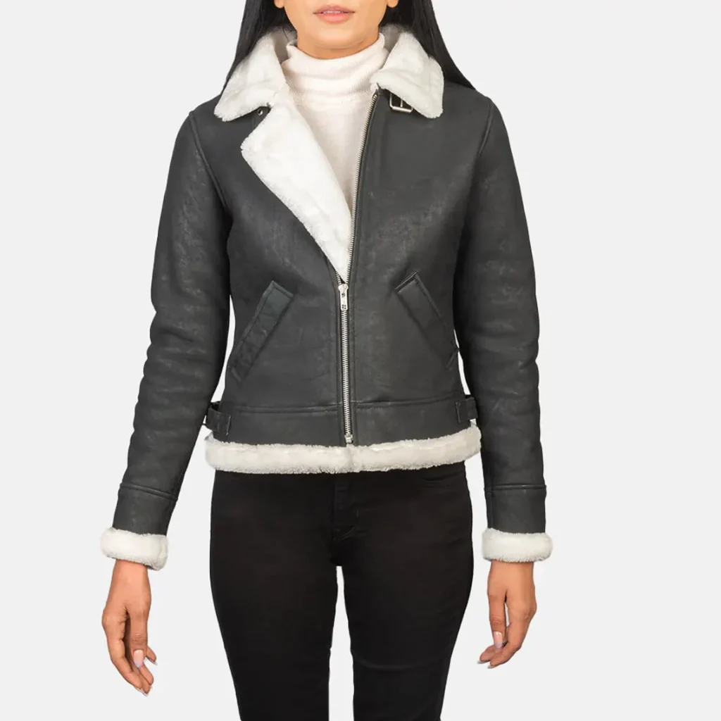 Women’s Black White Shearling Leather Bomber Jacket – Fur Lined Buckled Collar
