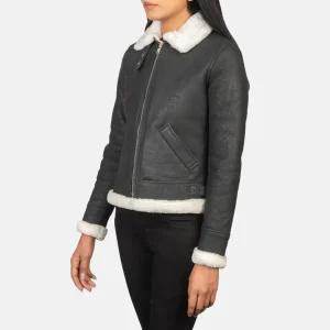 Women’s Black White Shearling Leather Bomber Jacket – Fur Lined Buckled Collar
