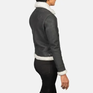Women’s Black White Shearling Leather Bomber Jacket – Fur Lined Buckled Collar