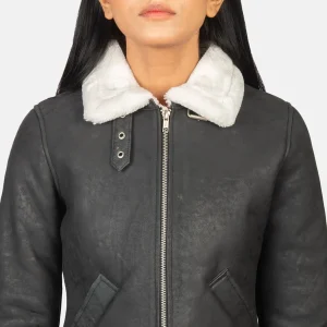 Women’s Black White Shearling Leather Bomber Jacket – Fur Lined Buckled Collar