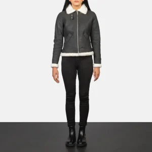 Women’s Black White Shearling Leather Bomber Jacket – Fur Lined Buckled Collar
