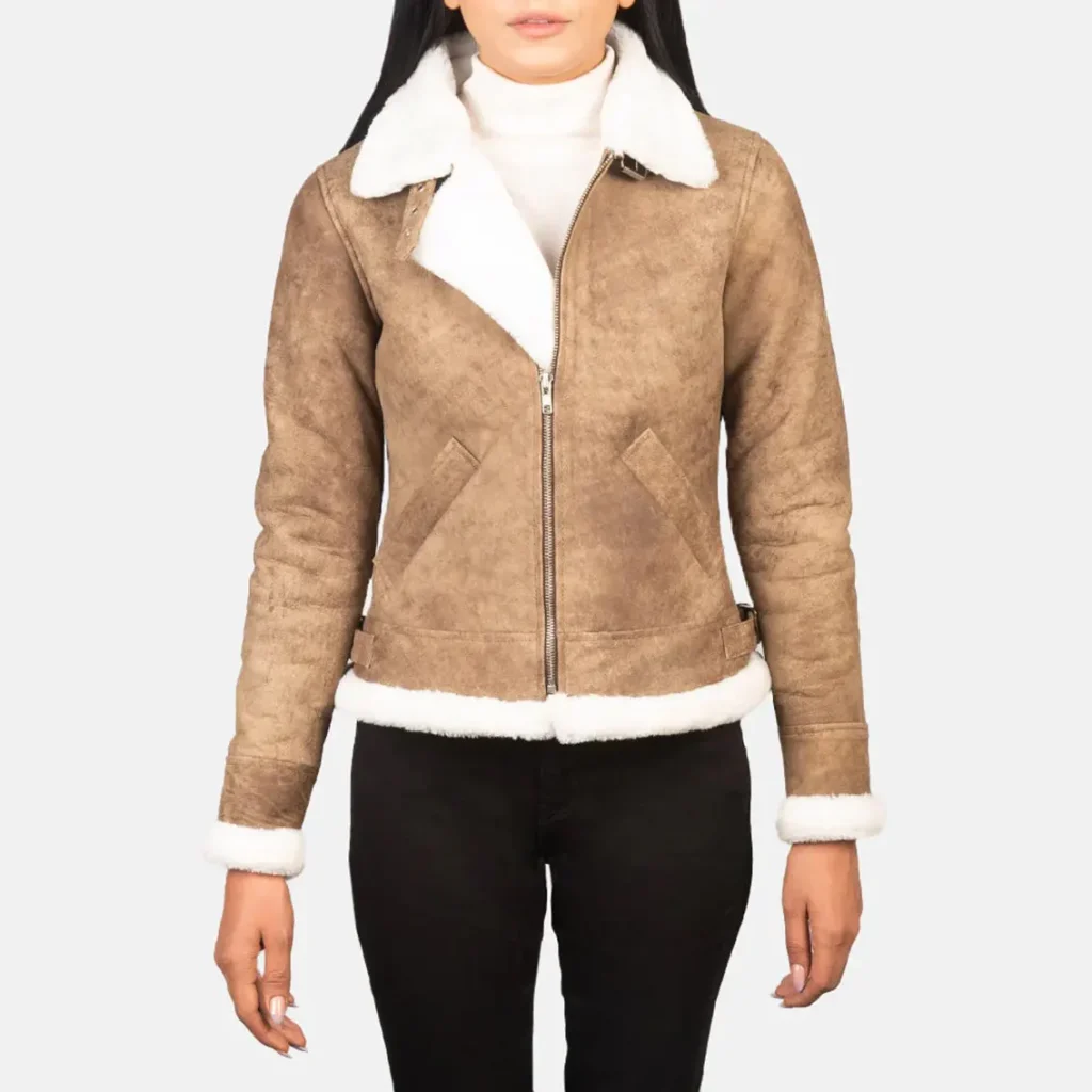 Women’s Brown Shearling Leather Bomber Jacket – Stylish Fur Lined Buckled Collar