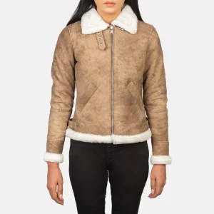 Women’s Brown Shearling Leather Bomber Jacket – Stylish Fur Lined Buckled Collar