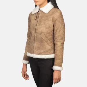 Women’s Brown Shearling Leather Bomber Jacket – Stylish Fur Lined Buckled Collar