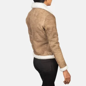 Women’s Brown Shearling Leather Bomber Jacket – Stylish Fur Lined Buckled Collar