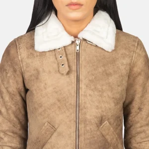 Women’s Brown Shearling Leather Bomber Jacket – Stylish Fur Lined Buckled Collar