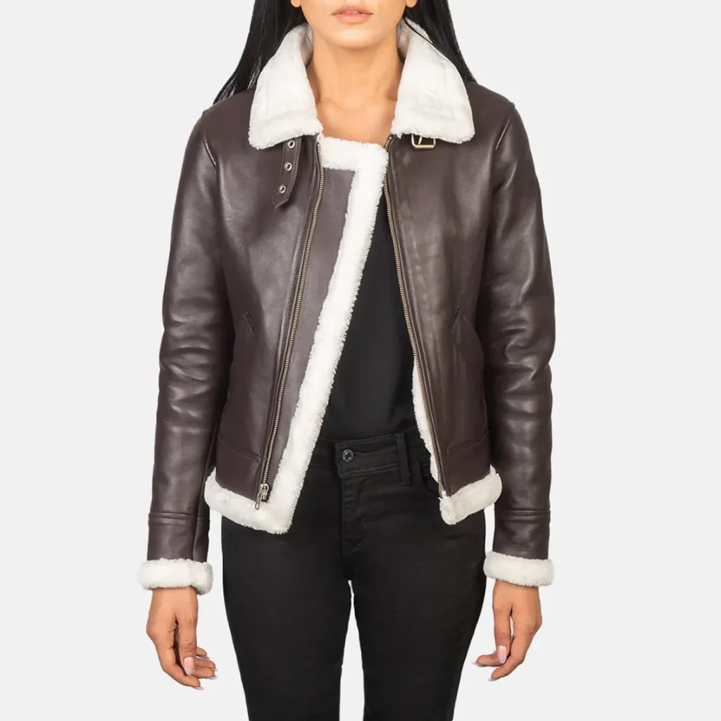 Women’s Maroon White Shearling Leather Bomber Jacket – Fur Lined Buckled Collar