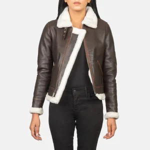 Women’s Vintage Brown Shearling Leather Bomber Jacket – Fur Lined Buckled Collar