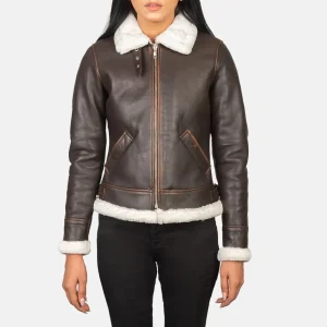 Women’s Vintage Brown Shearling Leather Bomber Jacket – Fur Lined Buckled Collar
