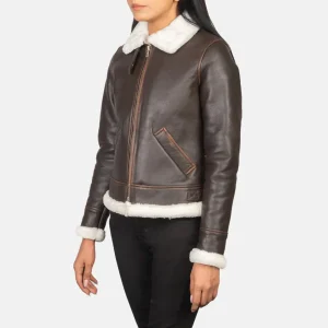Women’s Vintage Brown Shearling Leather Bomber Jacket – Fur Lined Buckled Collar