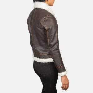 Women’s Vintage Brown Shearling Leather Bomber Jacket – Fur Lined Buckled Collar