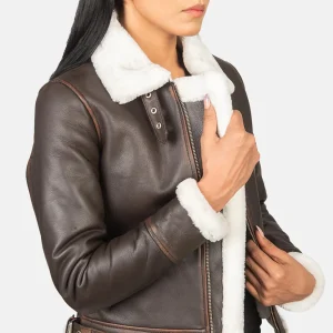 Women’s Vintage Brown Shearling Leather Bomber Jacket – Fur Lined Buckled Collar