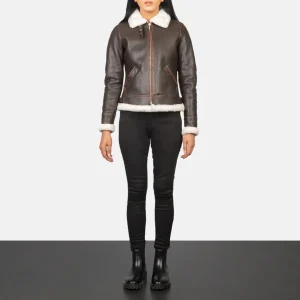 Women’s Vintage Brown Shearling Leather Bomber Jacket – Fur Lined Buckled Collar