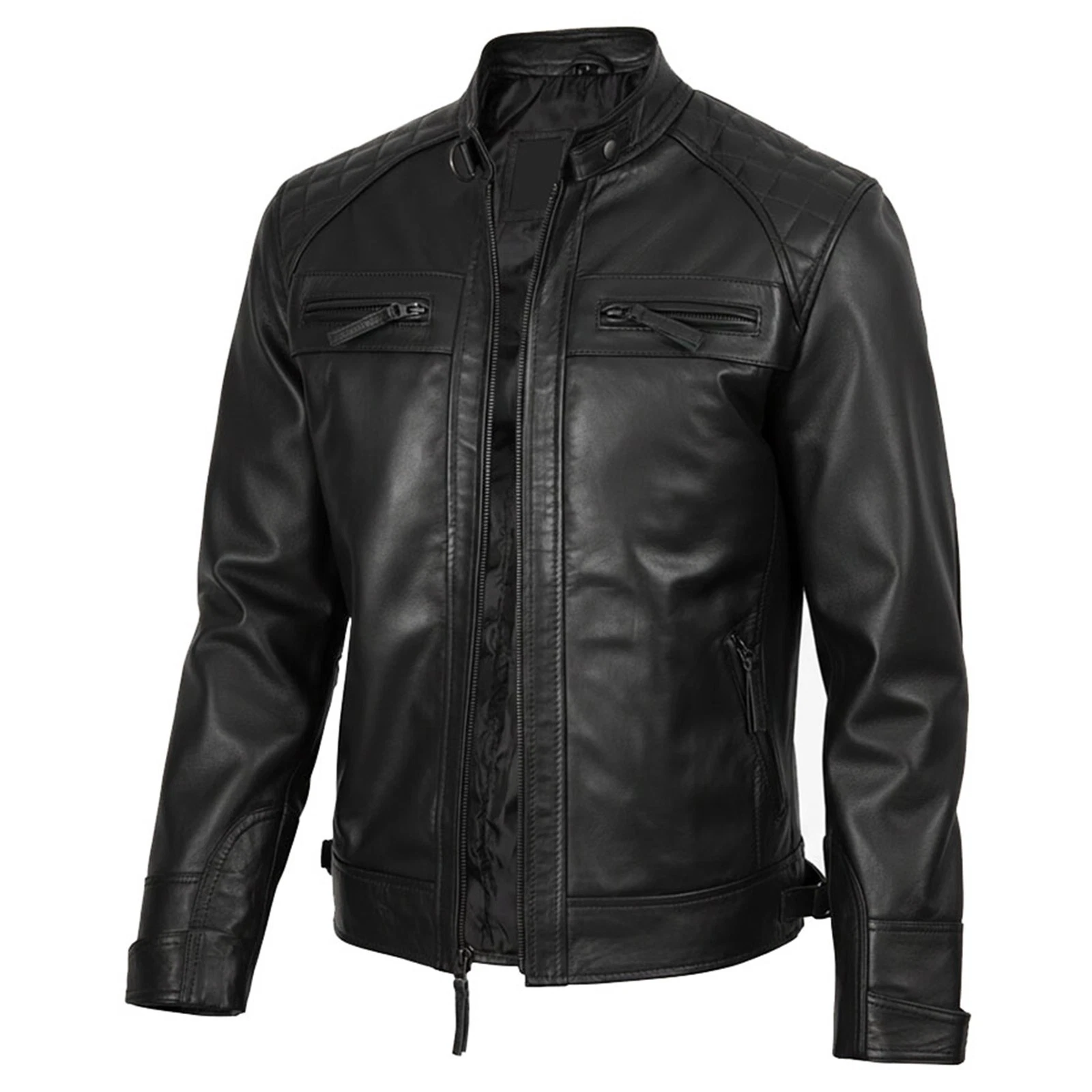 Men's Black Genuine Leather Jacket Slim Fit Biker Moto Cafe Racer Coat Zipper