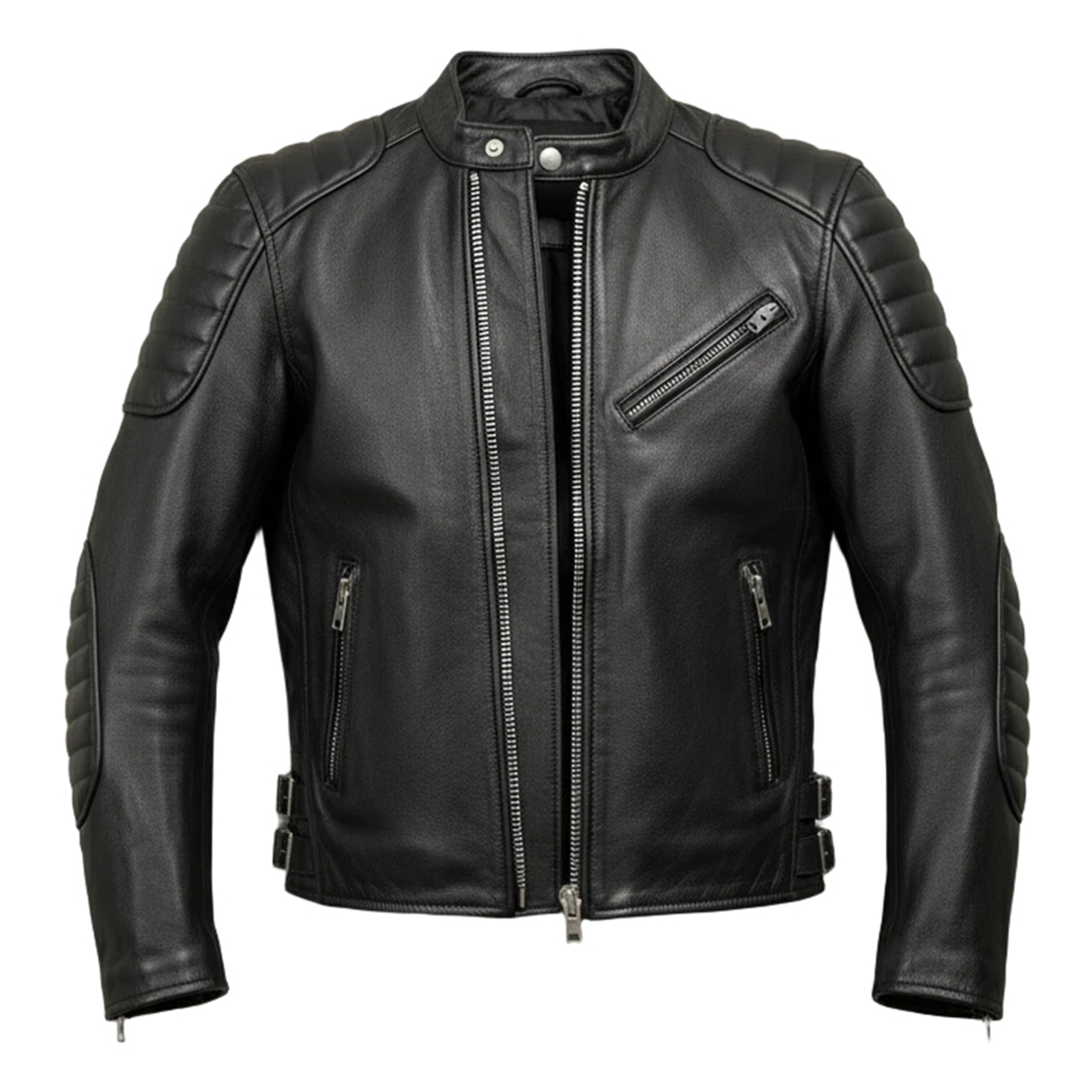 Men Black Real Sheepskin Leather Motorcycle Jacket Quilted Padded Biker Slim Fit