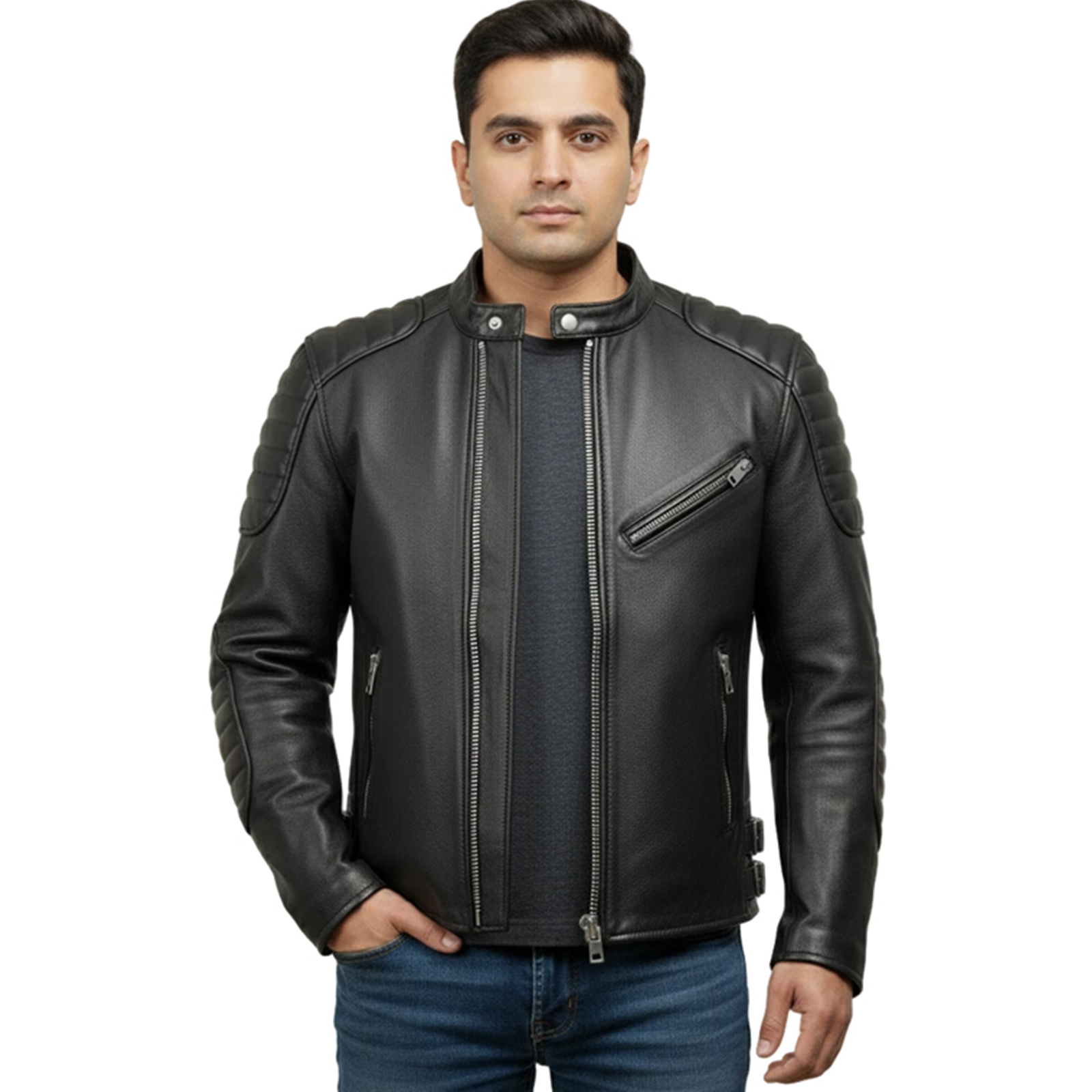 Men Black Real Sheepskin Leather Motorcycle Jacket Quilted Padded Biker Slim Fit